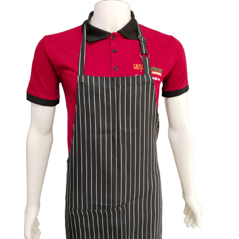 Beyaz Çizgili Siyah Tokalı Ayarlanabilen Cepli Önlük