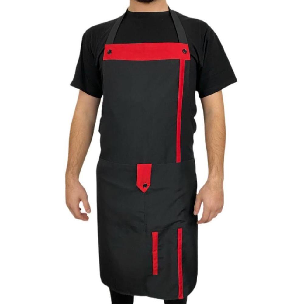 Kırmızı Detaylı Siyah Düğmeli Askılı Önlük